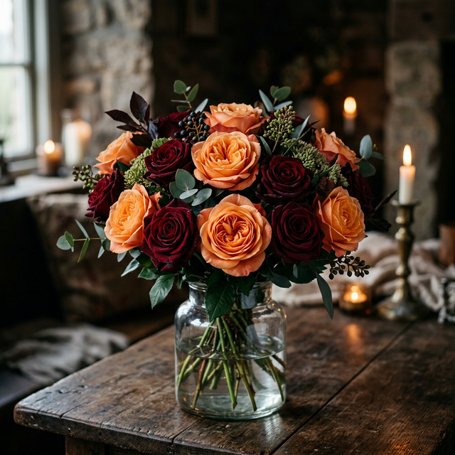 Orange & Burgundy Roses